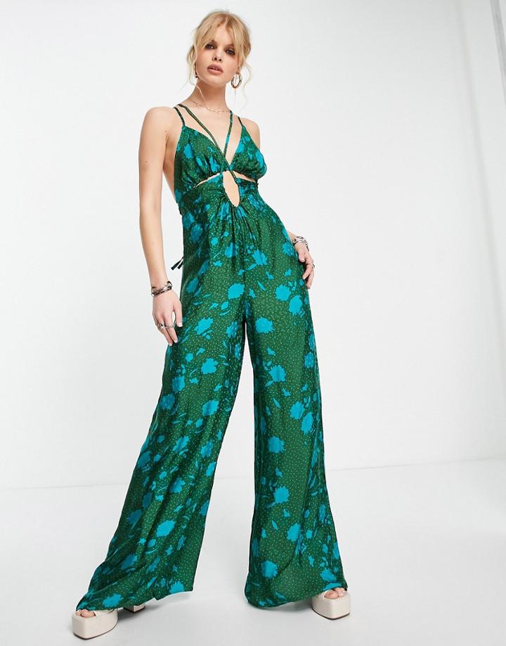 Topshop Cut Out Occasion Floral Jumpsuit In Green