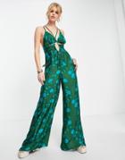Topshop Cut Out Occasion Floral Jumpsuit In Green