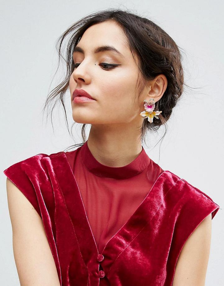 Asos Enamel Lily Stud Earrings - Multi