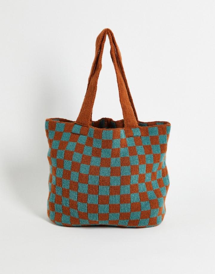 Asos Design Retro Knitted Tote Bag And Brown And Blue Check-multi