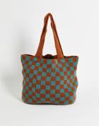 Asos Design Retro Knitted Tote Bag And Brown And Blue Check-multi