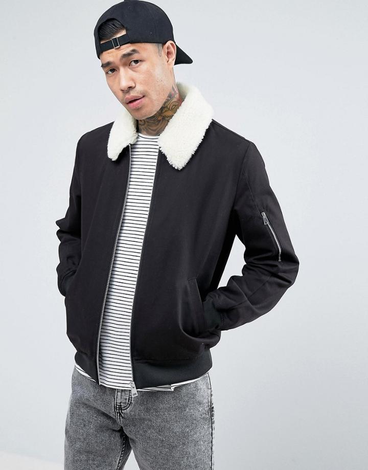 Asos Cotton Bomber Jacket With Fleece Collar In Black - Black