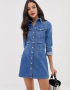 Asos Design Structured Denim Shirt Dress In Bright Blue - Blue