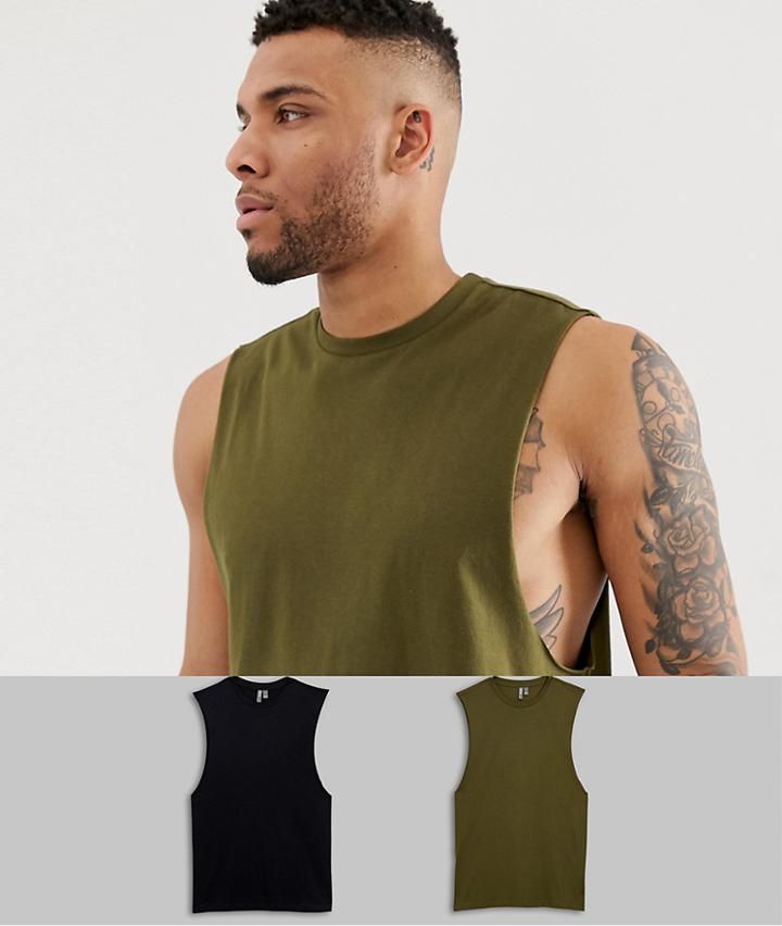 Asos Design 2 Pack Organic Sleeveless T-shirt With Crew Neck And Dropped Armhole Save-multi