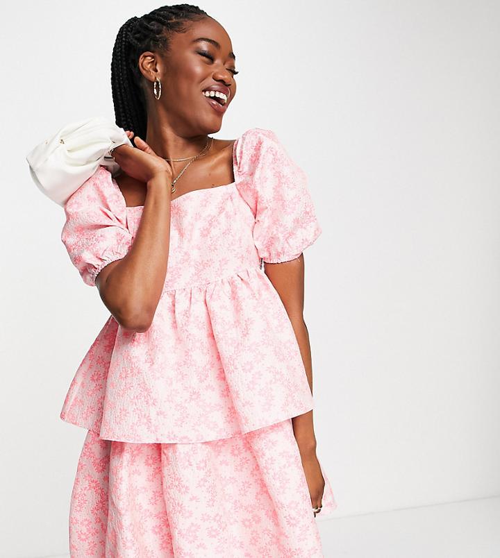 Collective The Label Puff Sleeve Tiered Smock Dress In Textured Pink Floral-blue
