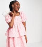 Collective The Label Puff Sleeve Tiered Smock Dress In Textured Pink Floral-blue