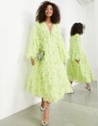 Asos Edition V Neck Midi Dress In Textured Mesh In Washed Lime-green