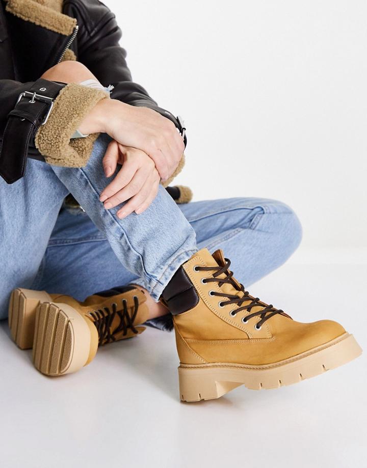 Mango Leather Lace Up Hiker Boots In Tan With Chunky Sole-brown