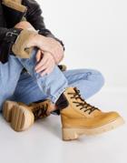 Mango Leather Lace Up Hiker Boots In Tan With Chunky Sole-brown
