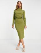 River Island Ruched Side Midi Dress In Khaki-green