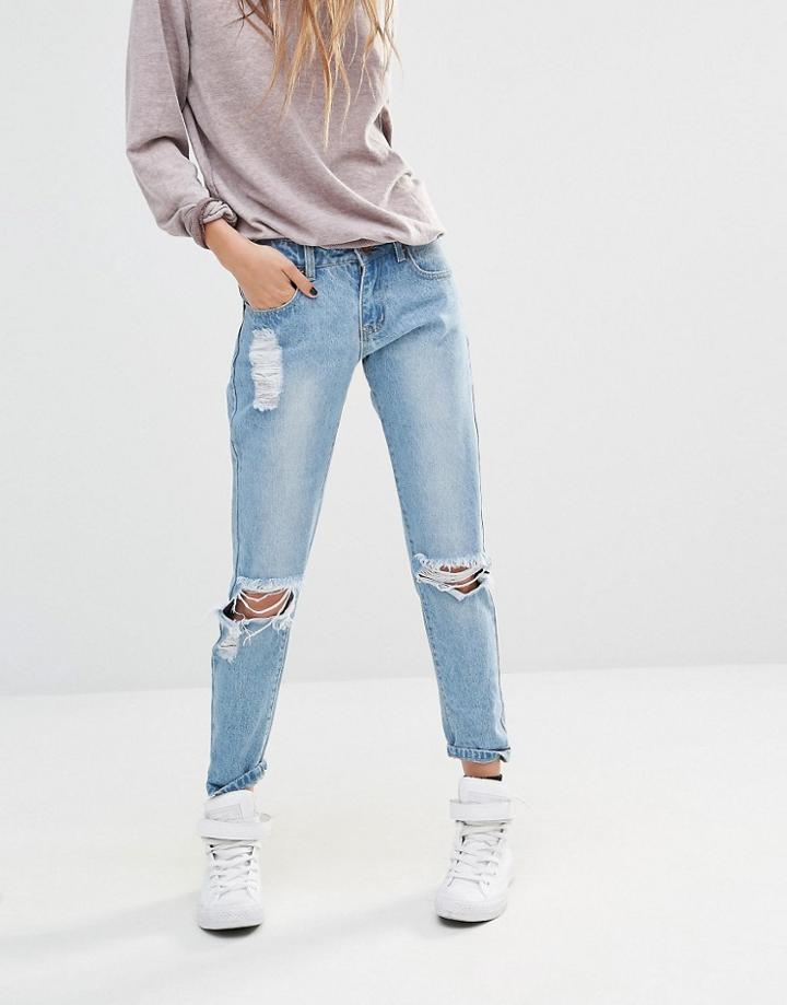 Liquor & Poker Boyfriend Jeans With Distressing - Mid Wash Blue
