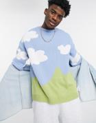 Asos Design Knit Oversized Sweater With Cloud And Landscape Pattern-blues