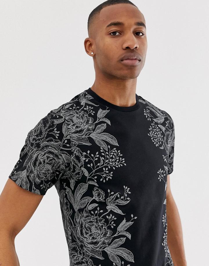 River Island Slim Fit T-shirt With Floral Side Print In Black - Black