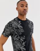 River Island Slim Fit T-shirt With Floral Side Print In Black - Black