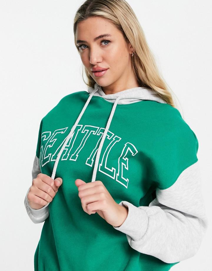 Pull & Bear Slogan Oversized Hoodie With Contrast Sleeves In Green