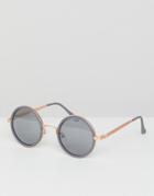 Asos Round Sunglasses In Matte Gray With Brushed Gold Metal Details - Gray