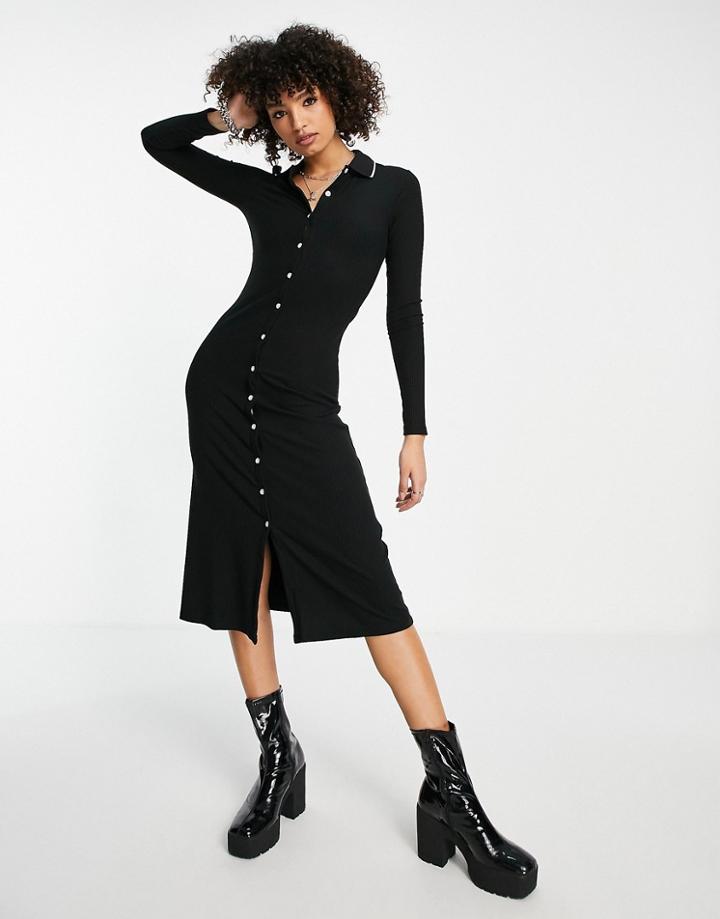 Topshop Premium Rib Collar Column Dress In Black
