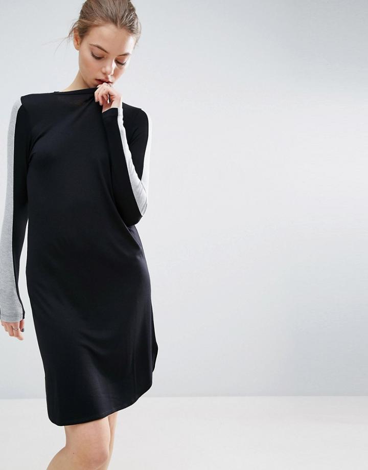 Asos Bodycon Midi Dress With Stripe Sleeve Detail - Black