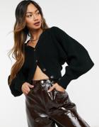 Glamorous Cropped Knit Cardigan With Balloon Sleeves-black