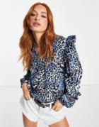 Vila Long Sleeve V Neck Blouse With Shoulder Ruffles In Blue Print