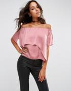 Asos Tiered Off Shoulder Top In Satin - Pink