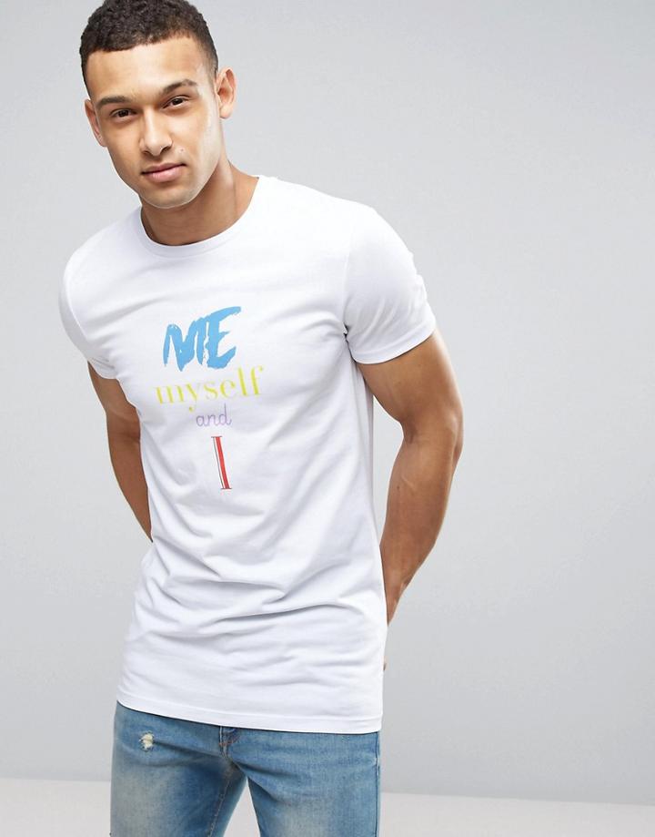 Asos Longline Muscle T-shirt With Me Myself And I Print - White