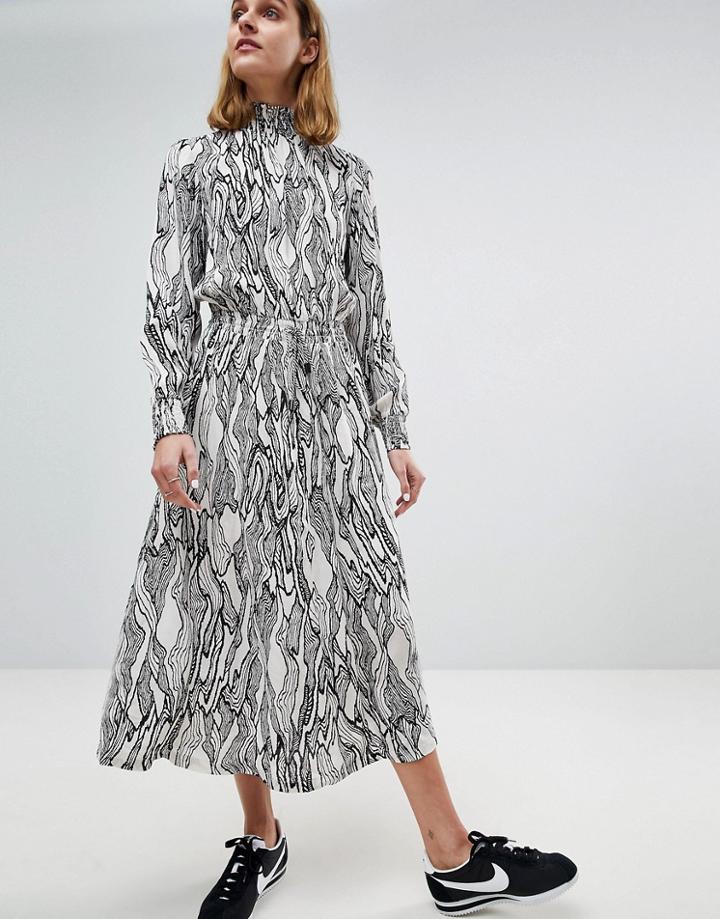 Moss Copenhagen High Neck Midi Dress In Abstract Leaf Print - White