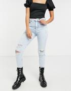 Bershka High Rise Distressed Skinny Jeans In Light Blue-blues