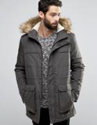 Only & Sons Parka With Faux Fur Fleece Lined Hood - Gray