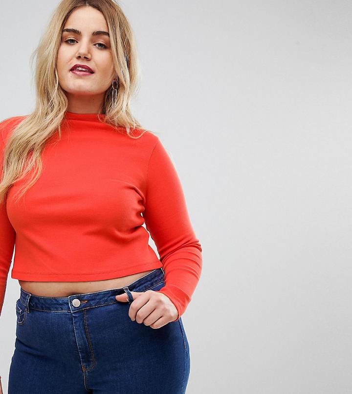 Asos Curve Long Sleeve Grown On Crop Top In Rib - Red