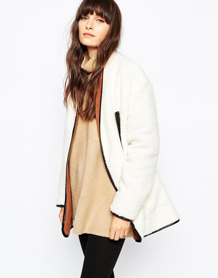 Paisie Faux Shearling Coat With Contrast Collar - Cream