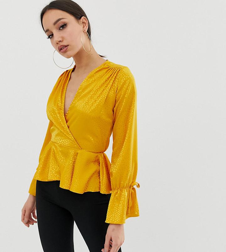 John Zack Tall Wrap Front Top In Textured Mustard - Yellow