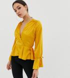 John Zack Tall Wrap Front Top In Textured Mustard - Yellow