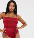 Wolf & Whistle Fuller Bust Exclusive High Leg Swimsuit With Waist Ties In Red Glitter Rib D-f