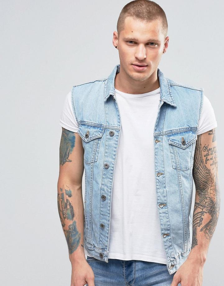 Kubban Denim Sleeveless Denim Jacket Bleach Blue - Blue