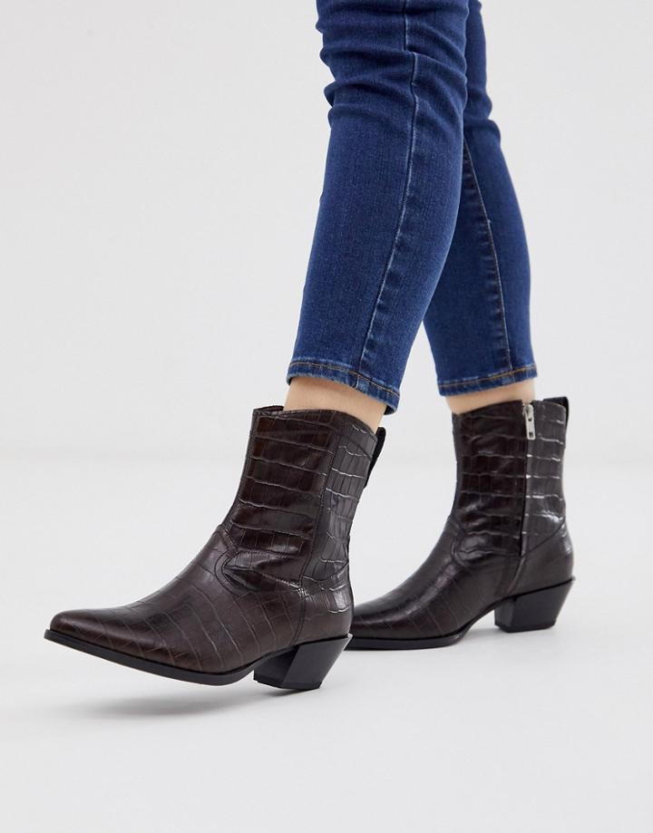 Vagabond Emily Mid Heeled Ankle Boots In Brown Croc Leather
