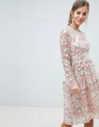 Chi Chi London Premium Embroidered Floral Long Sleeved Midi Prom Dress With Open Back-multi