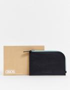Asos Design Leather Cardholder With Contrast Blue Zip In Black
