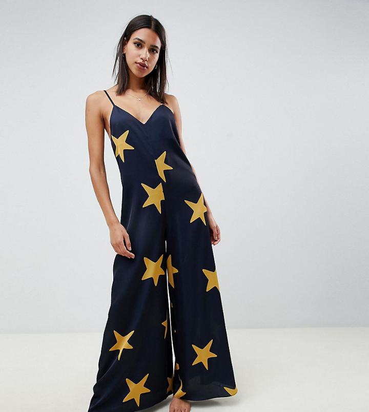 Asos Design Star Print Satin Plunge Jumpsuit - Navy