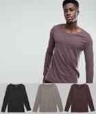 Asos 3 Pack Long Sleeve Scoop Neck T-shirt Save - Multi