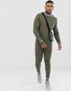 Asos Design Tracksuit Sweatshirt / Skinny Sweatpants With Tipping In Khaki-green