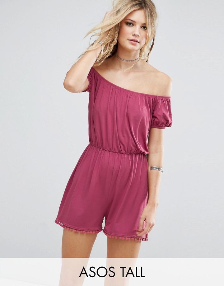 Asos Tall Jersey Off Shoulder Romper With Pom Pom Hem - Pink