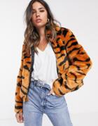 Barney's Originals Cropped Faux Fur Coat In Tiger Print-multi