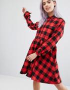 Lazy Oaf Face Check Shirt Dress - Red