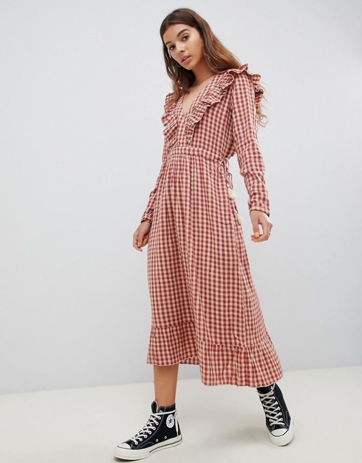 Leon & Harper Regal Gingham Midi Dress With Side Tie - Red