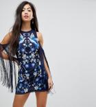 Asos Petite Embroidered Fringe Cold Shoulder Mini Dress-black