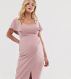 Asos Design Maternity Square Neck Angel Sleeve Midi Dress-pink