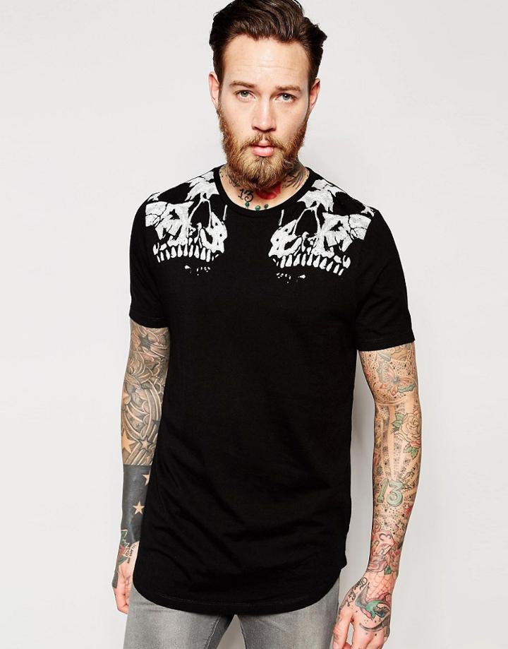 Asos Longline T-shirt With Skull Print And Scoop Hem - Black