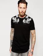 Asos Longline T-shirt With Skull Print And Scoop Hem - Black