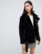 Selected Femme Shearling Suede Aviator Coat - Black